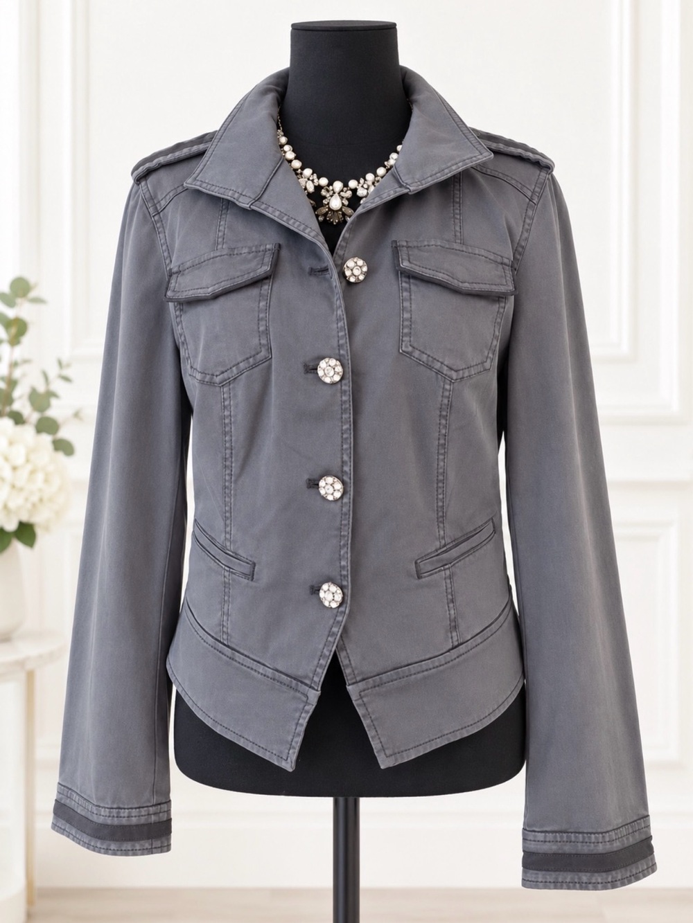 Charcoal Gray/Green Dress Jacket w/Rhinestone Adorned Buttons and Trimmed Sleeve - Picture 4 of 12